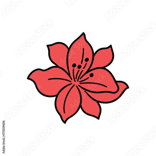Isolated coral blossom features black outline and stamen details against white background
