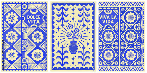 Three vibrant folk art style posters with blue and cream patterns and text messages
