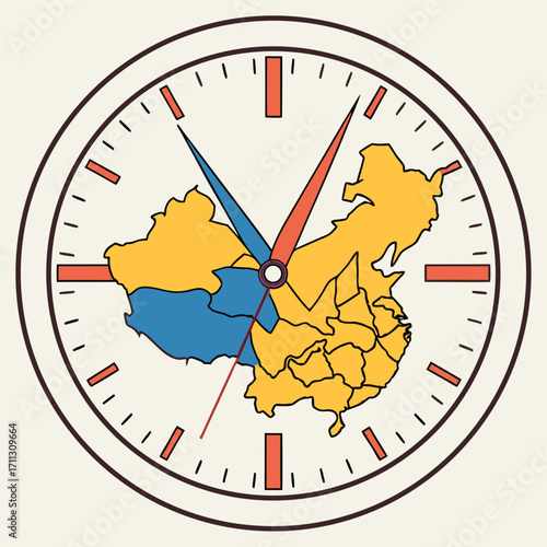 China's map features in a clock with minute, hour, and second hands against neutral background