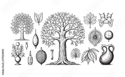 oak tree set with leaf engraving vector style