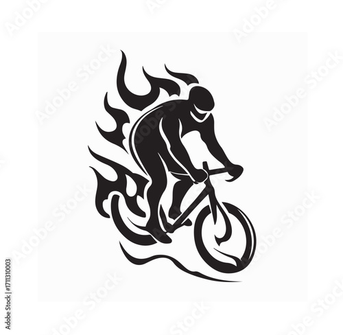 Fast Cyclist with Flames Silhouette Logo Vector isolated on white background