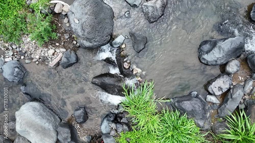 Water Stream Flowing Between Rocks and Grass In Natural Setting