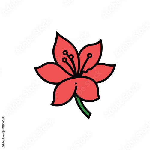 Single pink flower displaying delicate stamen and petals outlined in black on white background