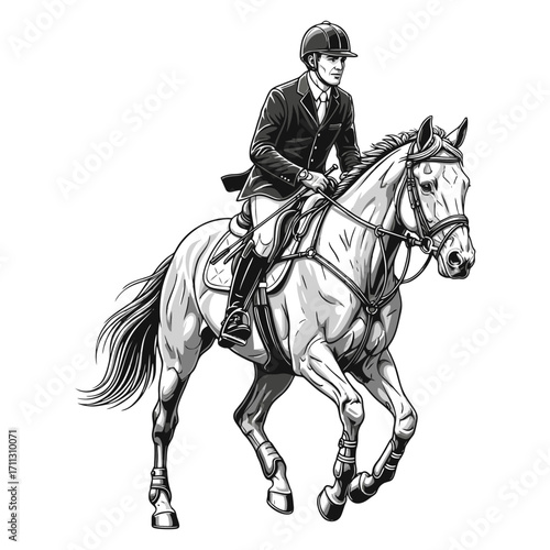 Black and white vector illustration of a horse rider with his equipment. Plain white background.