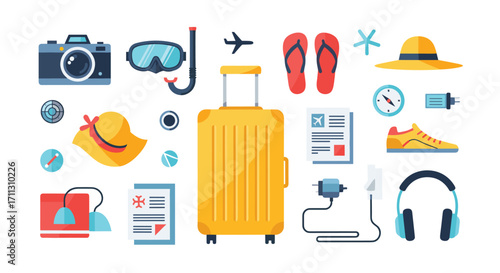 Collection of travel and vacation related icons and equipment.