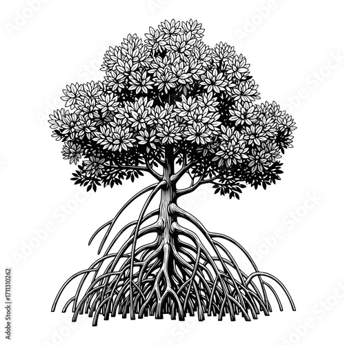 black white, vector illustration of a mangrove tree. Plain white background.