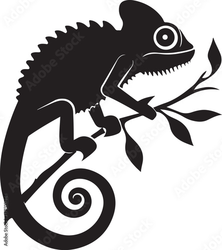 Chameleon on branch, black silhouette, adaptation