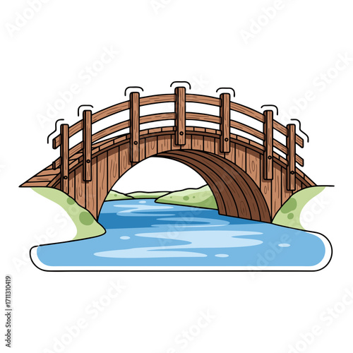 vector illustration of a wooden bridge crossing a river. Plain white background.