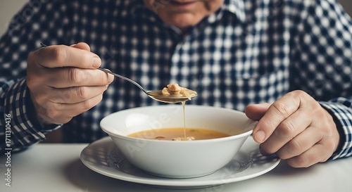 Senior Man Eating Soup, Focus on Healthy Eating.