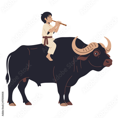 Vector illustration of a boy playing the flute on a large buffalo. Plain white background.