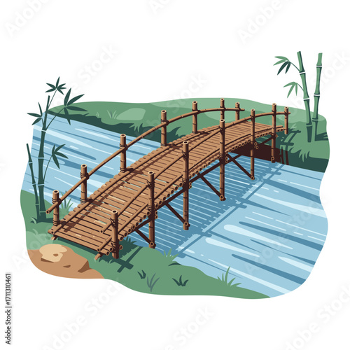 vector illustration of a bamboo bridge crossing a river. A plain white background.