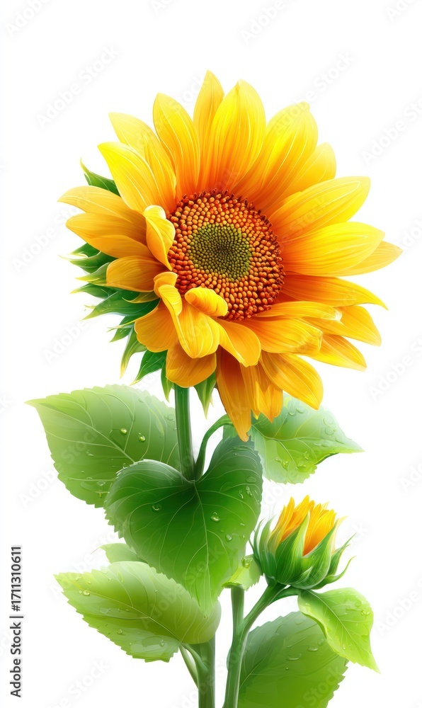 Obraz premium Vibrant sunflower with lush green leaves, glistening with water droplets, against a pure white background. A smaller bud hints at future bloom
