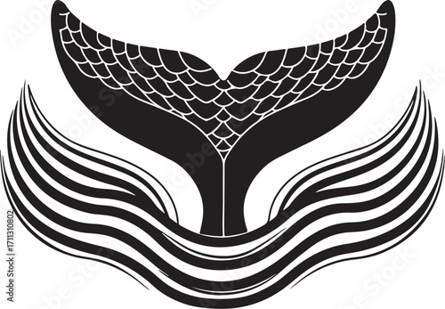 Elegant whale tail graphic diving into stylized waves