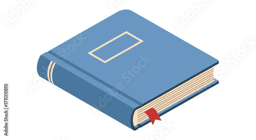 A simple illustration of a blue hardcover book with a red bookmark peeking out from the pages.