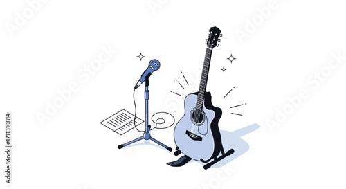An acoustic guitar stands on a stage next to a microphone and sheet music.