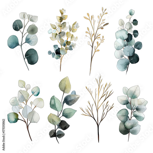 Nine watercolor eucalyptus sprigs