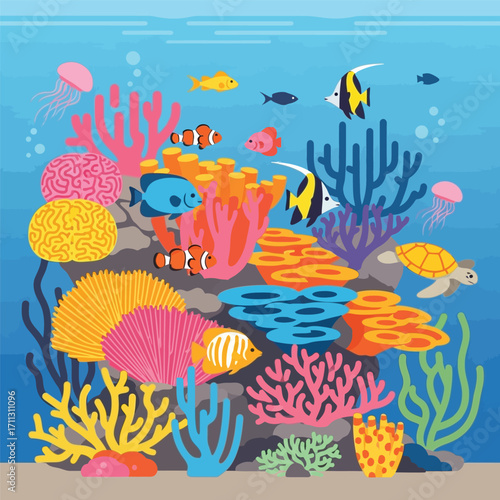 Vibrant coral reef teeming with diverse marine life.