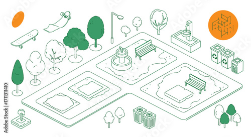 An urban neighborhood isometric illustration with trees buildings and recreational areas.