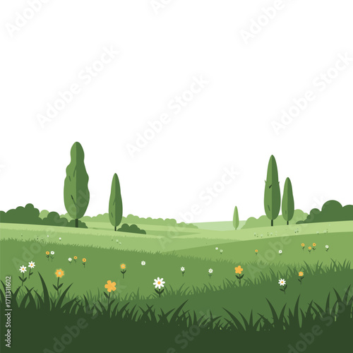 A serene landscape illustration featuring rolling green hills dotted with small wildflowers and tall cypress trees under a clear white sky.