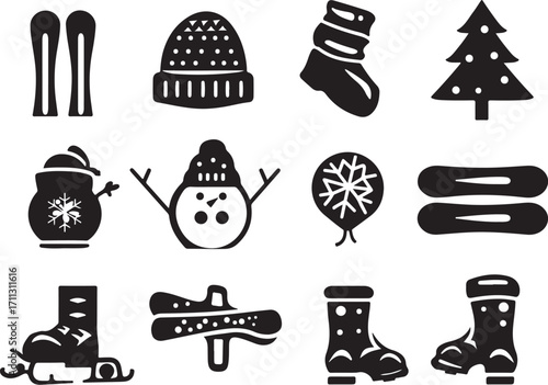 Winter fun icons ski snowboard snowman boots tree festive