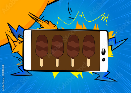 Cartoon Smartphone, comic book Telephone with Ice Cream. Retro vector comics pop art design.