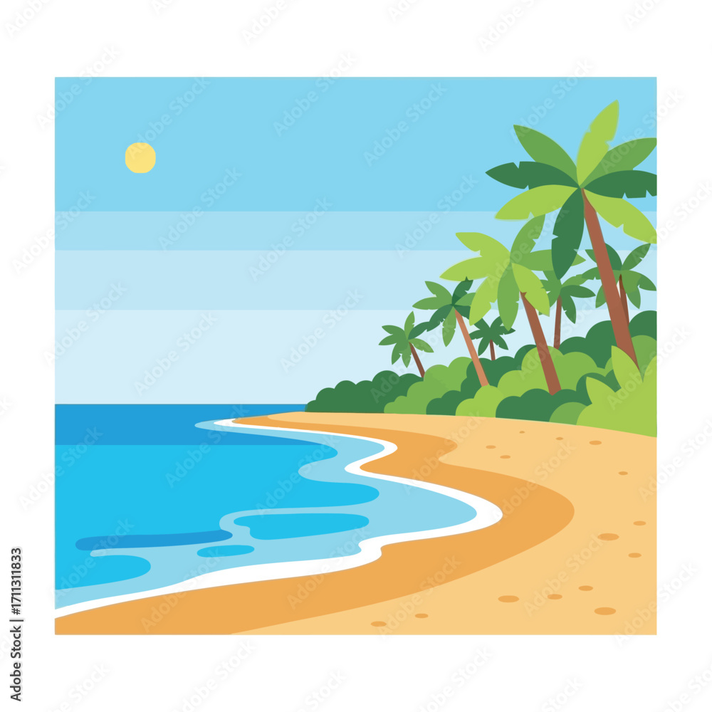 Obraz premium Vibrant cartoon illustration of a tropical beach with palm trees, blue ocean waves, golden sand, and a bright sun in a clear sky.