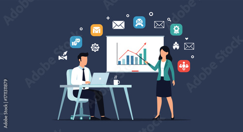 Business professionals analyzing data and presenting growth strategies for successful company development.