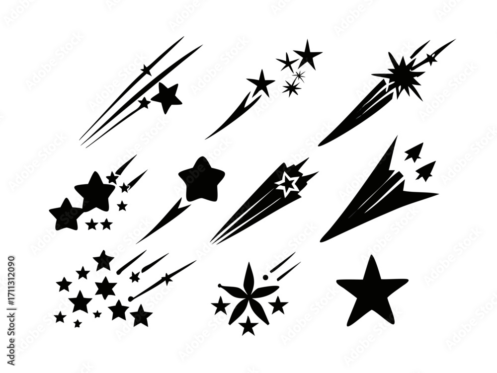 Naklejka premium hooting stars icon vector set. Abstract silhouette of shooting star. Meteorite and comet symbols. Flying comet with tail, falling meteor, abstract galaxy element. Cosmic shine. star vector design.