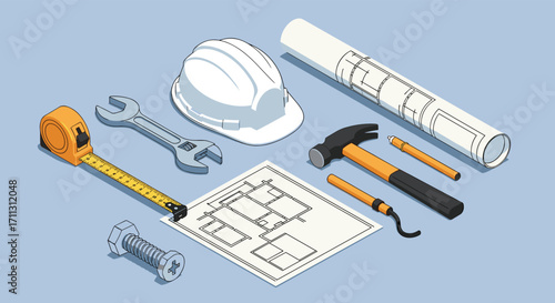 Essential construction tools and blueprints for a building project planning.