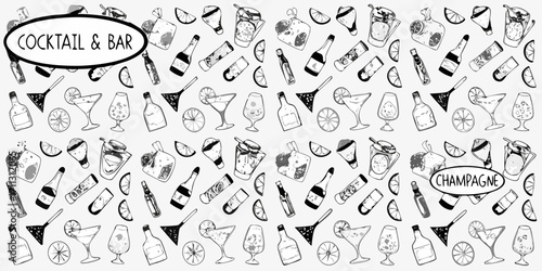Hand drawn cocktail and bar elements seamless pattern with champagne and bar text
