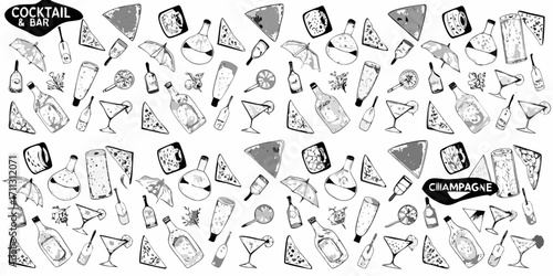 Whimsical black and white cocktail and bar pattern with drinks and appetizers
