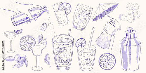 Hand drawn collection of summer cocktails and bar accessories in purple ink on a cream background