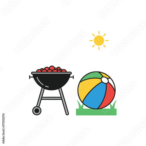 Illustration of a barbecue grill, beach ball, and sun.
