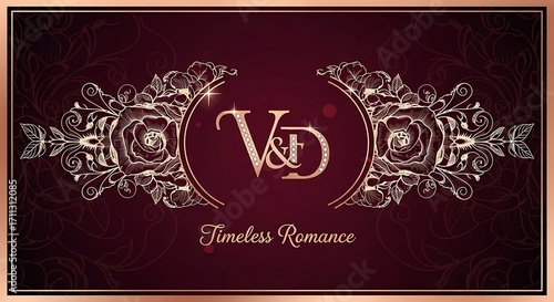 Elegant V&D monogram with roses and the phrase 'Timeless Romance' on a rich burgundy background