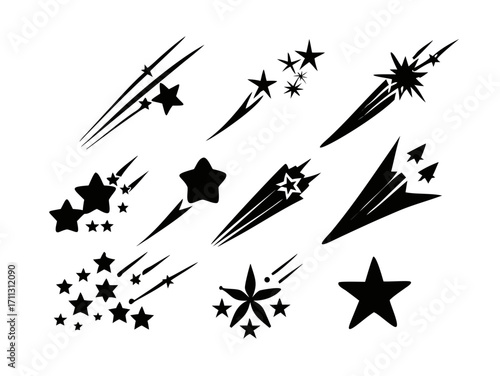 hooting stars icon vector set. Abstract silhouette of shooting star. Meteorite and comet symbols. Flying comet with tail, falling meteor, abstract galaxy element. Cosmic shine. star vector design.