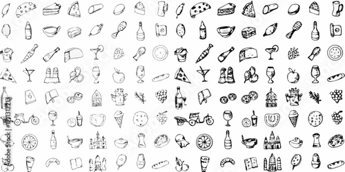 Collection of hand drawn food and drink icons and objects in a repeating pattern