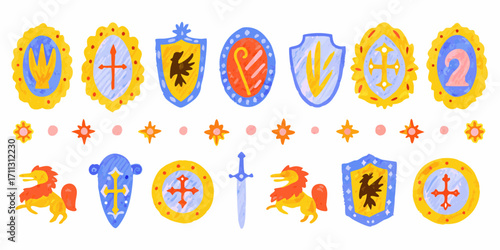 Collection of whimsical medieval heraldic shields crests swords and horses in a playful hand drawn style
