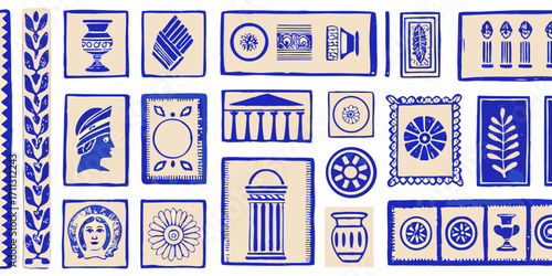 Collection of ancient greek inspired illustrations featuring vases columns portraits and floral motifs in blue and beige