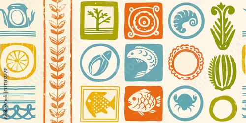 Retro scandinavian folk art style pattern with various icons and motifs