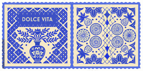 Dolce vita decorative design with flowers fruit and geometric patterns in blue and cream