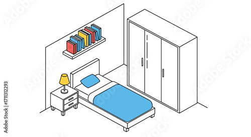 A minimalist bedroom scene featuring a single bed with blue bedding and a bedside table with a lamp.