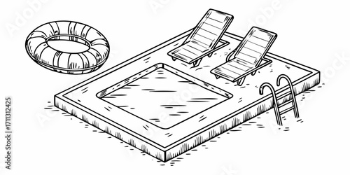 Hand drawn isometric illustration of a swimming pool with lounge chairs a swim ring and a ladder