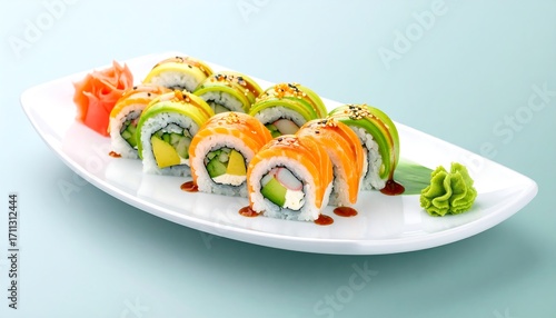Colorful sushi rolls on a plate