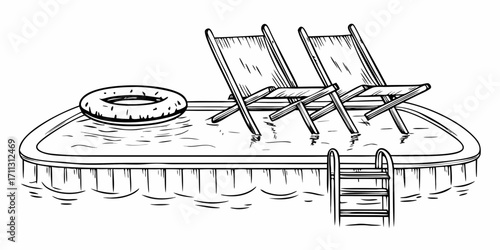 Hand drawn sketch of a swimming pool with two lounge chairs and a float