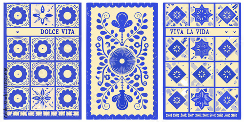 Vibrant blue and yellow folk art triptych with floral motifs and inspirational phrases