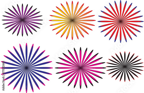 Six vibrant starburst patterns with alternating colored and black spikes radiate from center points. A dynamic abstract design blending symmetry, motion illusion, and bold color contrast.