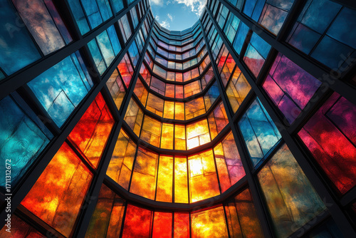 Colorful building with many windows against a clear sky.