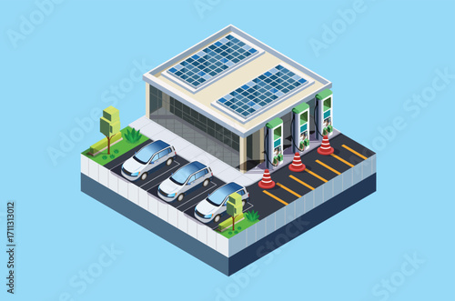 Isometric Charging electric cars at toll road rest area with fast supercharger stations and many charging points. Vehicles at renewable solar panel energy battery storage station on grid network. 