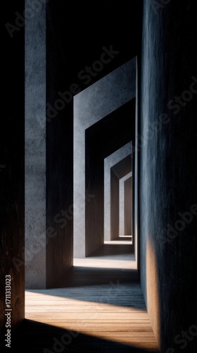 Mysterious Pathway Through Dark Architectural Arches in Modern Interior Design with Dramatic Lighting Effects