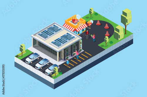 Isometric Charging electric cars at toll road rest area with fast supercharger stations and many charging points. Vehicles at renewable solar panel energy battery storage station on grid network. 